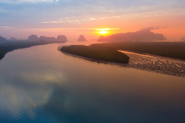 Beautiful Sunrise aerial view landscape Phang nga sam chong Thailand