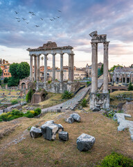 Scenic view in the Roman Forum at sunset. Rome, Italy.
