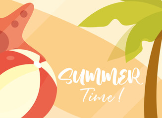 hello summer banner, beach ball starfish palm tropical season vacations travel concept