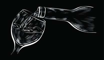 wine pouring in glass , drink vector isolated design elements on black background. Concept for menu, cards