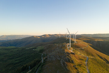 Wind turbines drone aerial view renewable energy on the middle of Serra da Freita Arouca Geopark,...