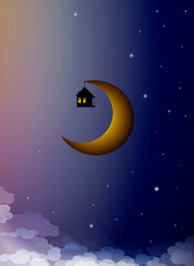 Fototapeta na wymiar sweet home dreams concept, house hanging on the moon in the sky, time dreaming,