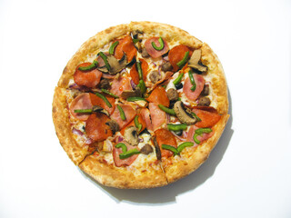 pizza with ham, beef, pepperoni sausage, mushrooms, sweet peppers, onions, mozzarella cheese, olives and tomato sauce.