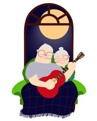 elderly parents are sitting on a sofa by the window. Grandfather plays the guitar. Grandmother listens to music.Vector flat illustration.Cartoon.Concept.Hand drow.Isolate.Stock illustration.