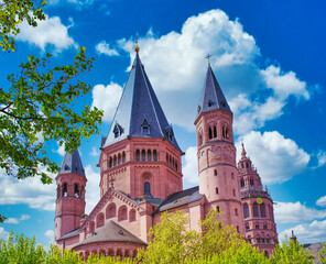 Fototapeta premium st. martin cathedral, dom of Mainz, Germany on a sunny day, photographed through green trees
