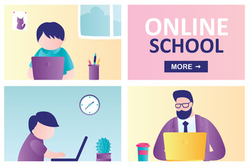Online school landing page template. Children stay home and engaged on computer. Male teacher or tutor distance learning kids.