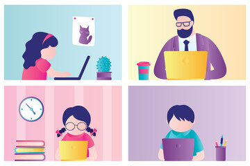 Banner of online school education. Children stay home and engaged on computer.