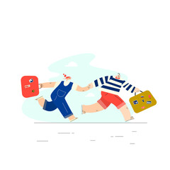 Men and woman running toghether this suitcases. Hurring couple. Vector illustration , isolated on white background.