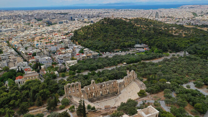 Fototapeta na wymiar Aerial drone photo of Odeon of Herodes Atticus a stone theatre structure located on the southwest slope of the Acropolis of Athens, Attica, Greece