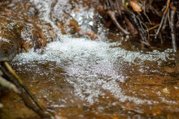 The water source flows down the rocks into the river. Water in the form of bubbles flows down the stones