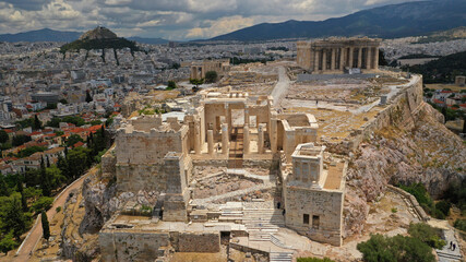 Aerial drone photo of Acropolis propylaea propylea or propylaia entrance gateway as seen on a...