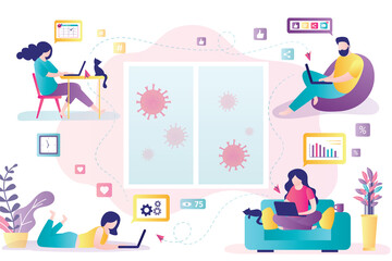Remote work banner. Various business people or freelancers at home, online distance work. Self-isolation and quarantine.