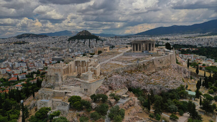 Aerial drone photo of Acropolis propylaea propylea or propylaia entrance gateway as seen on a beautiful cloudy spring morning, Athens, Attica, Greece