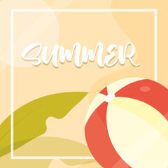 hello summer banner, beach ball and leaves season vacations travel concept
