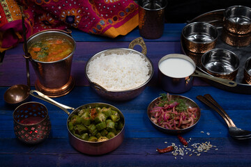 South Indian vegetarian food consisting of rice and side dishes served in traditional thali style