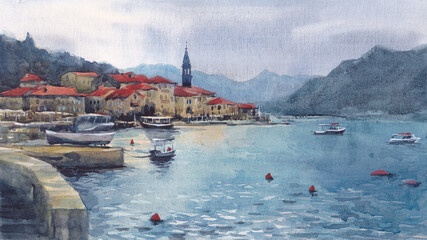 Watercolor hand drawn seascape of Montenegro (Kotor town)