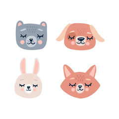 Cute animals heads with closed eyes. Cute cartoon funny character. Pet baby print collection. Scandinavian style.
