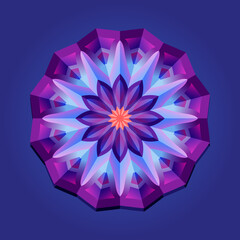 This is a polygon template. This is a purple pink neon geometric mandala. Asian floral pattern.