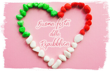 happy Republic Day in italian text  - red, white and green clothespin against Italian flag symbolize citizens of Italy  postcard 