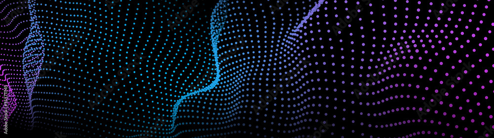 Poster abstract gradient dynamic wave of particles. network of bright points or dots. big data. digital bac