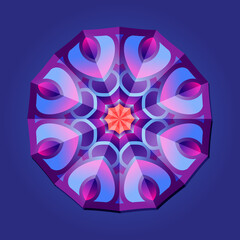 This is a polygon template. This is a purple pink neon geometric mandala. Asian floral pattern.