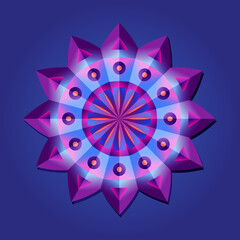 This is a polygon template. This is a purple pink neon geometric mandala. Asian floral pattern.