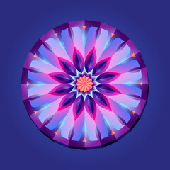 This is a polygon template. This is a purple pink neon geometric mandala. Asian floral pattern.