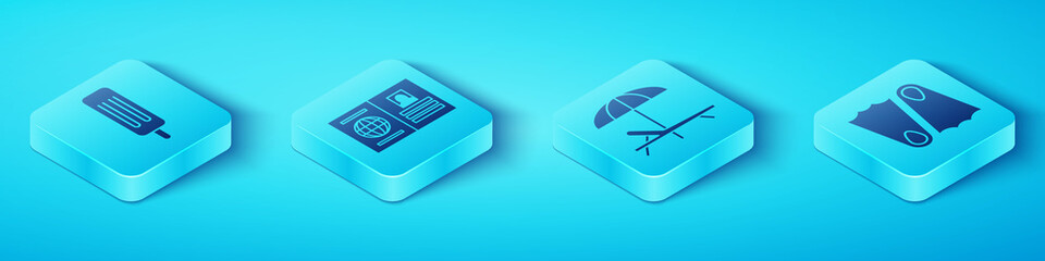 Set Isometric Ice cream, Passport, Rubber flippers and Sunbed and umbrella icon. Vector. © Vadim