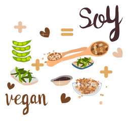 Soy products and vegan food. Hand drawn doodle vector illustration with organic drink, soy milk,soybeans, tofu, soy sauce, grains green pods, hummus .Every objects are isolated. Poster for cafe menu