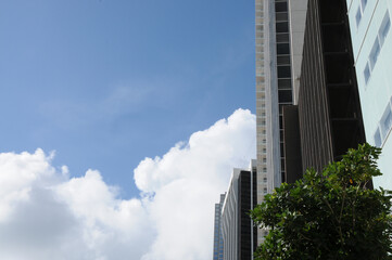 Skyscrapers in perspective against the blue sky in an exotic country. Close-up. Exterior Elements