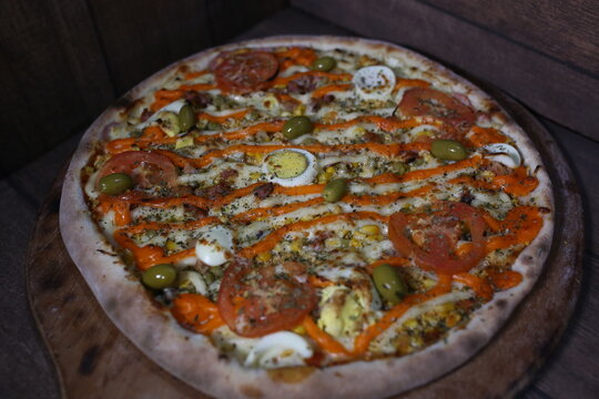 pizza on a wooden board