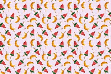 Seamless watercolor pattern of watermelon and melon ice cream on soft pink background. Hand-drawn pattern for birthday invitation, summer menu, poster, textile, wallpaper, wrapping paper, printing.