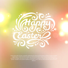 Happy Easter lettering Greeting Card. Vector illustration. Blurred colorful background with lights. Place for your text.