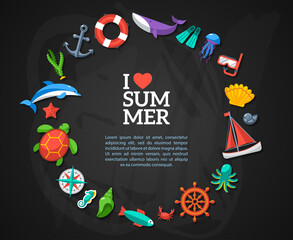 Summer concept circle frame on black chalk board background. Flat nautical icons stickers and marine symbols. Vector illustration. Sea leisure sport.