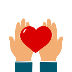 Heart in hands. Symbol of charity, mercy, love, goodness and hope. Vector illustration in flat style