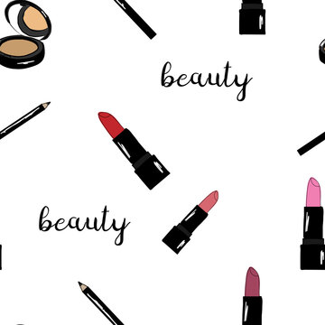 Cosmetics Fashion illustration seamless pattern. Text and design elements. Lipstick in different colors, powder, eyeliner. Sketch set.