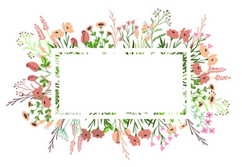 a virgin floral gift card with white rectangular frame in the middle and wild meadow pastel color flowers around - hand drawn vector illustration