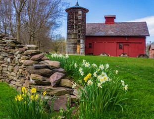 Vermont farm scene with a stone wall a historic restored round silo  and red barn in spring    © vermontalm