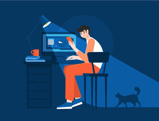 A male freelancer sits at a desk and looks at a cellphone. Efficient and productive work at home at night. Colorful vector illustration in flat cartoon style. Domestic cat.