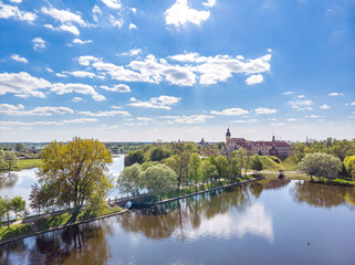 Fototapeta premium Flying above Nesvizh Castle in Belarus. Drone aerial photo