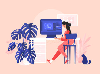 Girl freelancer sits at a desk and draws on a tablet. Efficient and productive work at home. Colorful vector illustration in flat cartoon style. Home plants and cat