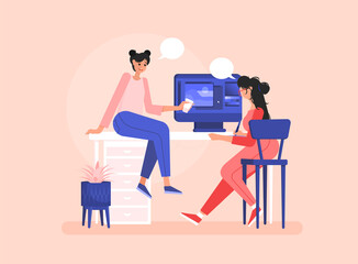 Women are sitting at a computer in a modern office and talk. Girl illustrator and manager. Effective and productive teamwork. Colorful vector illustration in flat cartoon style.