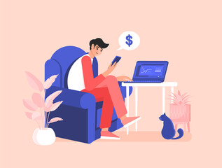 A male freelancer sits at a computer and makes tables at home. Looks at a cell phone. Effective and productive work. Colorful vector illustration in flat cartoon style. Plants and cat.