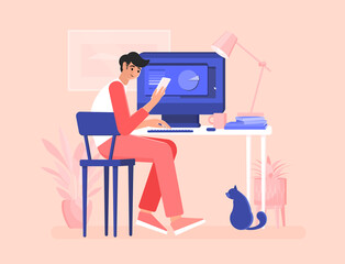 A male freelancer sits at a desk and looks at a cellphone. Efficient and productive work at home. Colorful vector illustration in flat cartoon style. Domestic cat.