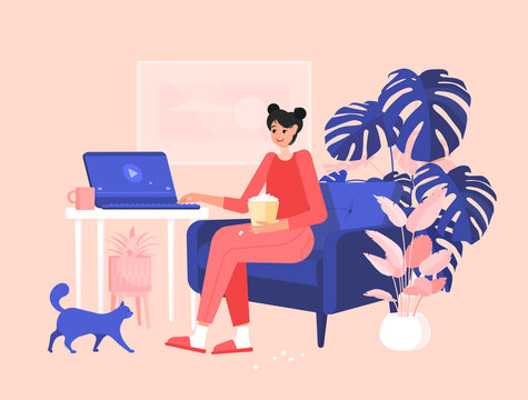 Girl in pajamas is sitting in a chair with popcorn and is going to watch a movie on a laptop. Colorful vector illustration in flat cartoon style. Home plants and cat.
