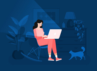 Girl freelancer is sitting in a chair with a laptop. Efficient and productive work at home at night. Colorful vector illustration in flat cartoon style. Domestic cat. Modern interior.