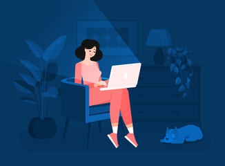 Girl freelancer is sitting in a chair with a laptop. Efficient and productive work at home at night. Colorful vector illustration in flat cartoon style. Domestic dog. Modern interior.