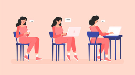 Set of poses freelancer girls with gadgets. Sitting on chairs. Mobile phone in hands, laptop on his lap and on the table. Colorful vector illustration in flat style.