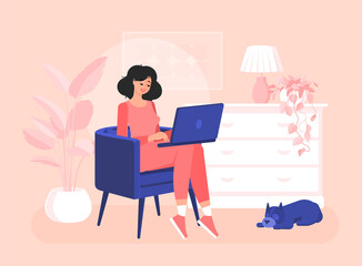 Girl freelancer is sitting in a chair with a laaptop. Efficient and productive work at home. Colorful vector illustration in flat cartoon style. Domestic dog. Modern interior.