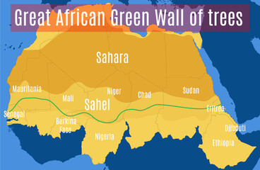 Schematic vector map of the Great African Green Wall Sahara and the Sahel.